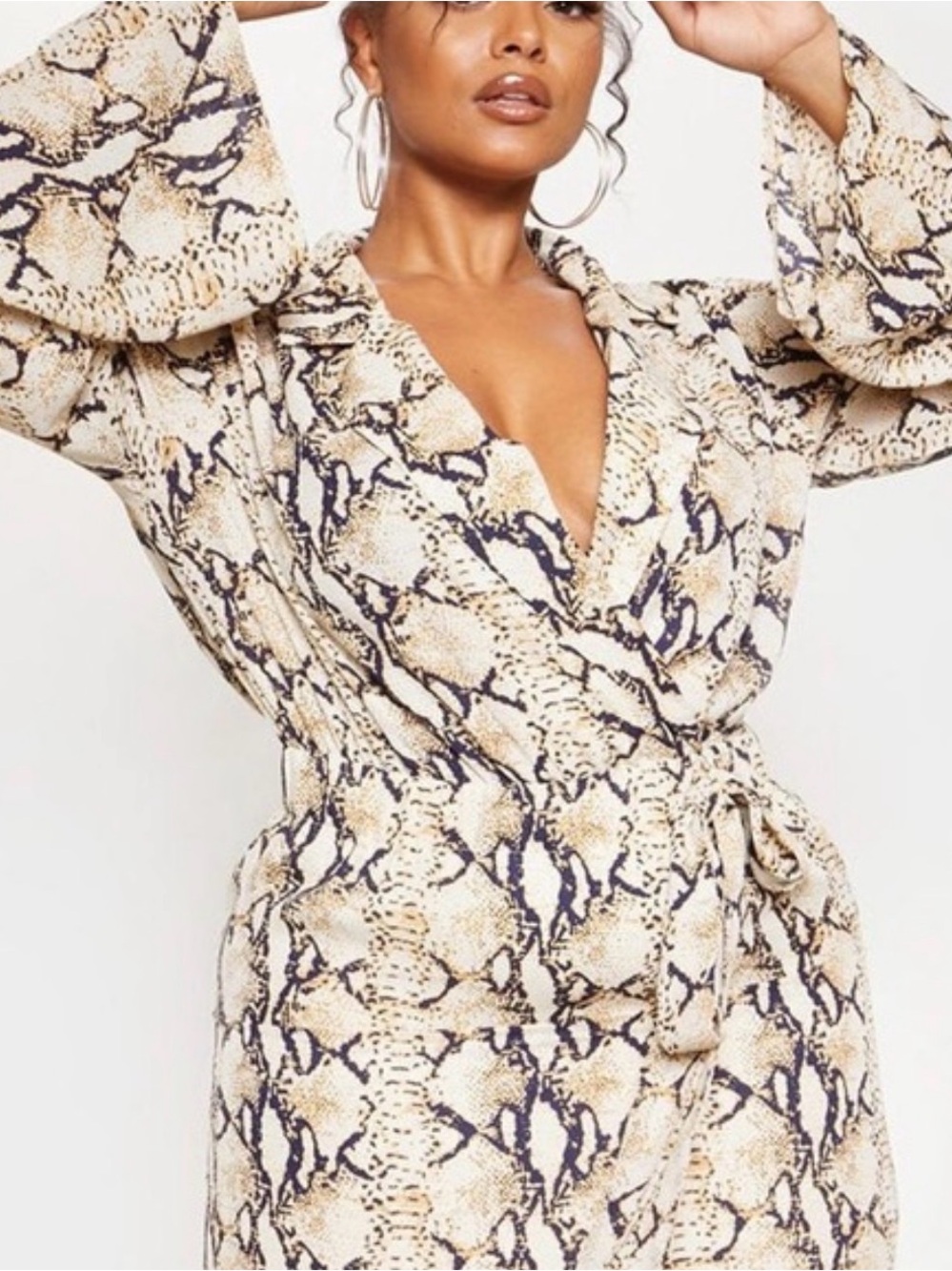 Snake Print Wrap Dress in Beige